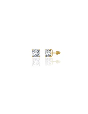 14K Yellow Gold 6MM Square CZ Screwback Stud Earrings
