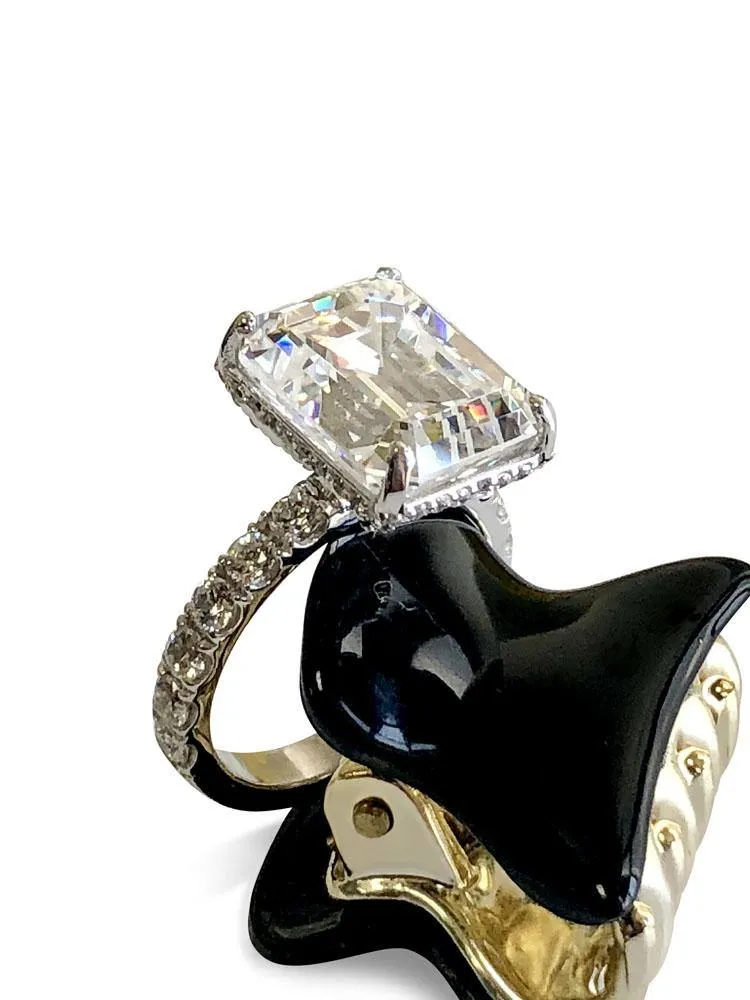 5 Carat Emerald cut 12 by 10 Cubic ZIrconia Engagement ring with pave halo 14K White gold