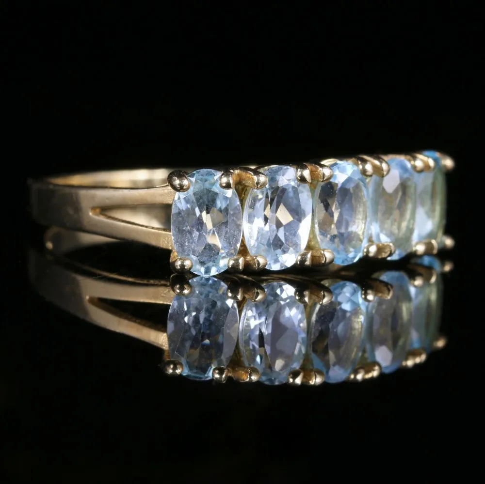 Aquamarine Five Stone Ring 9Ct Yellow Gold