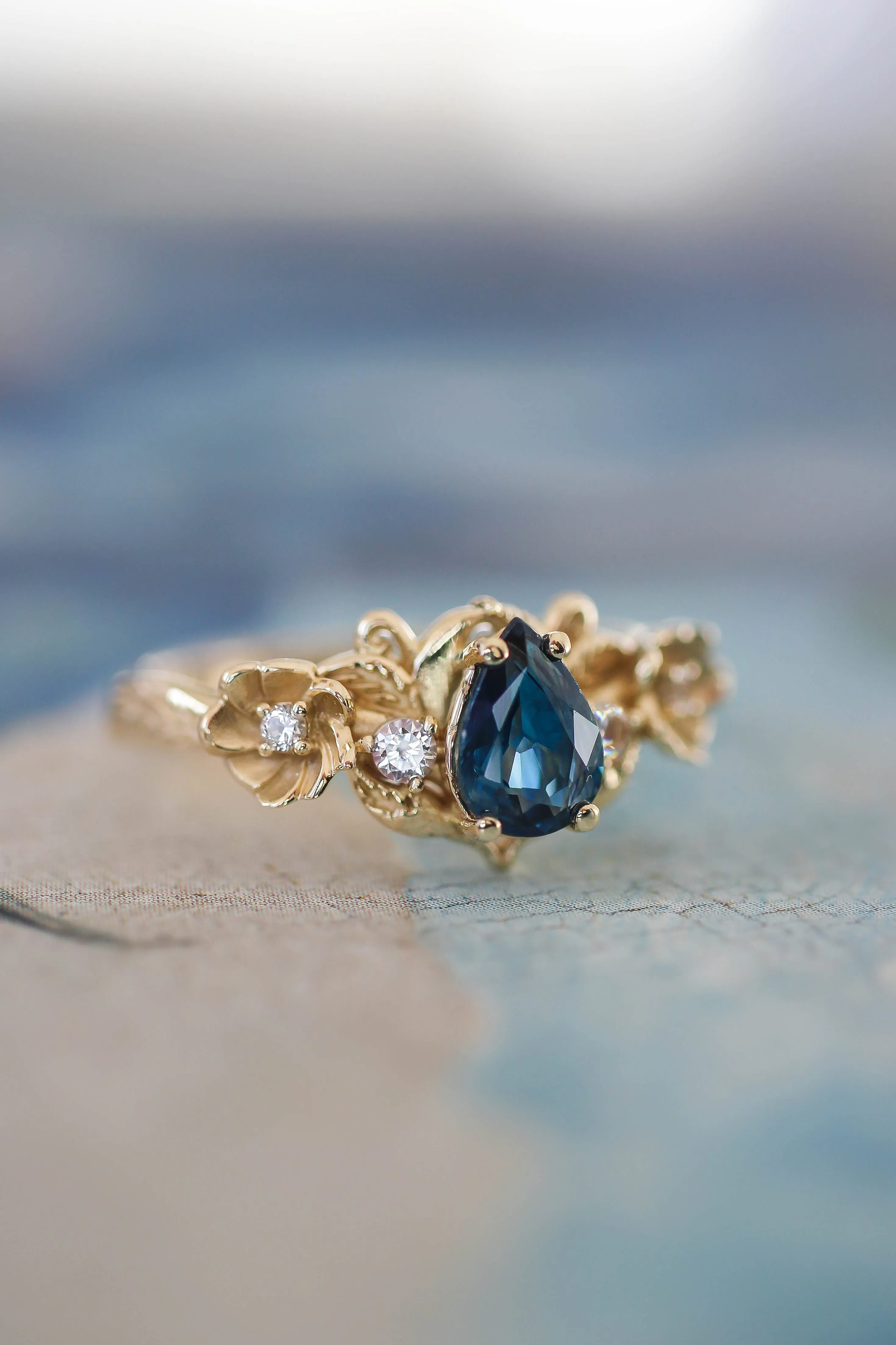 Blue sapphire and diamonds ring, flower engagement ring / Adelina