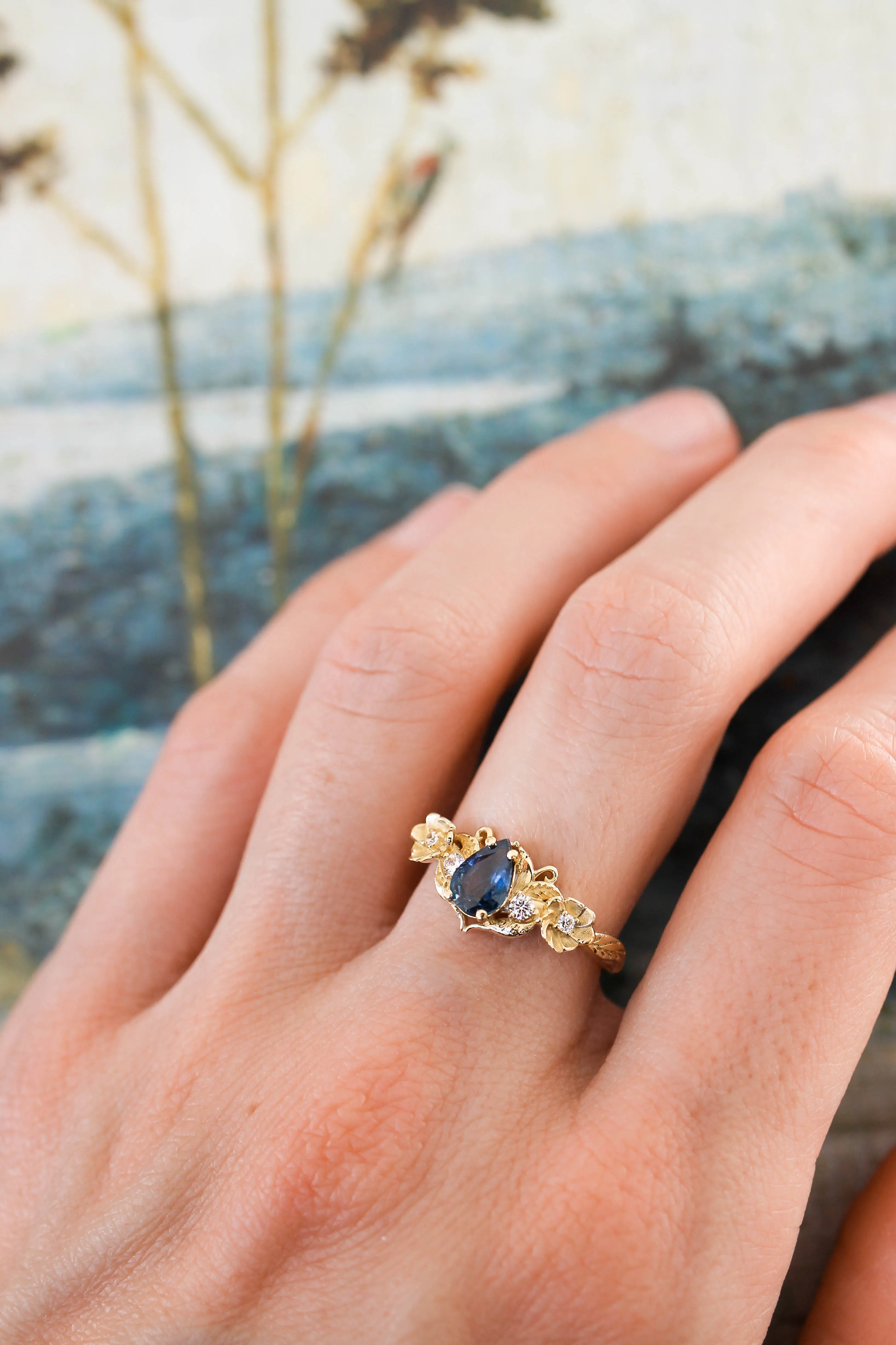 Blue sapphire and diamonds ring, flower engagement ring / Adelina
