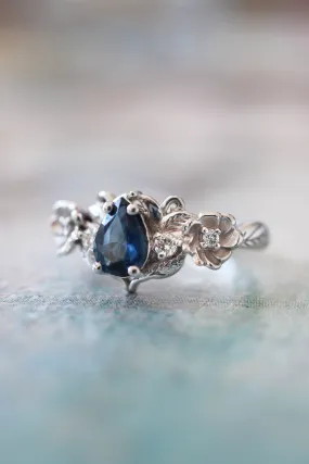 Blue sapphire and diamonds ring, flower engagement ring / Adelina