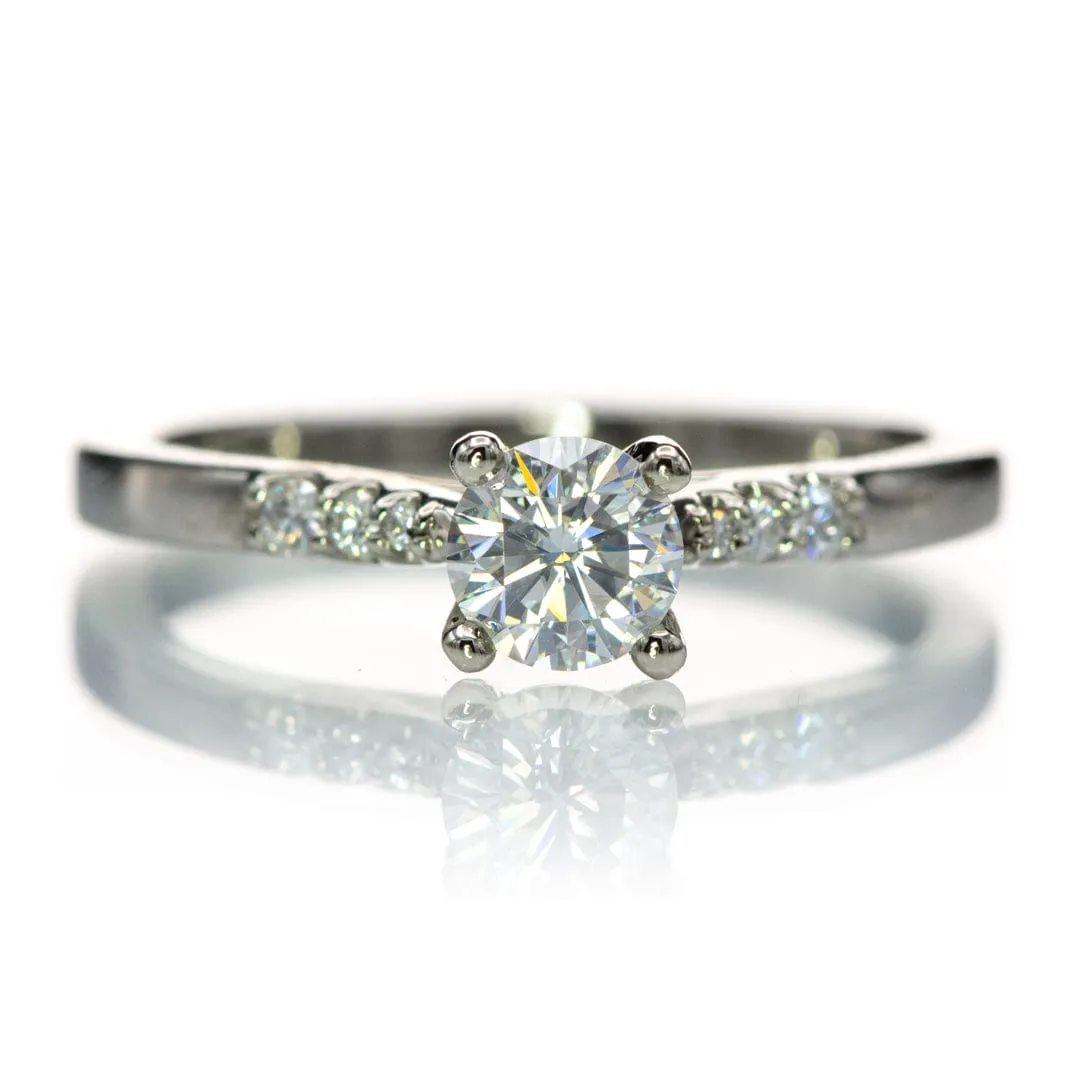 Prong Set Moissanite Natalie Engagement Ring with Accented 14k white gold Cathedral Shank, Ready to Ship