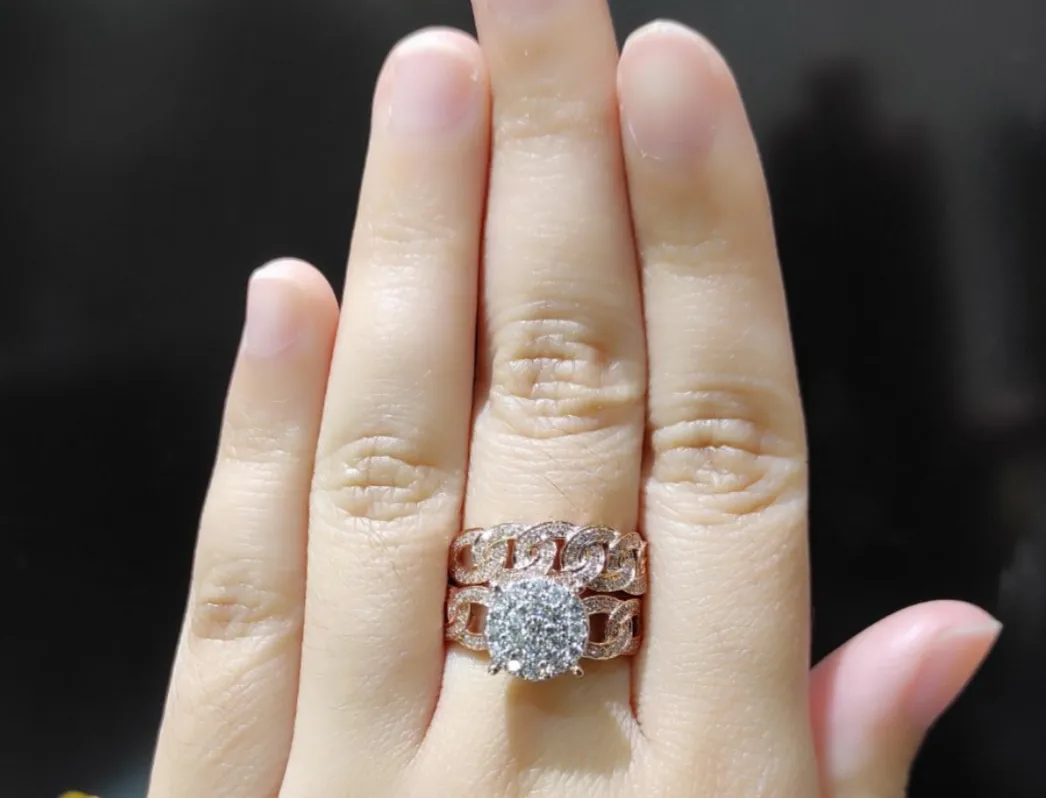 Round Diamond Engagement Ring and Chain Style Half Eternity Bridal Wedding Ring 14K Rose Gold