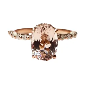 Salmon Oval Morganite Engagement Ring 14K Rosegold with Hidden Halo and Side Diamonds