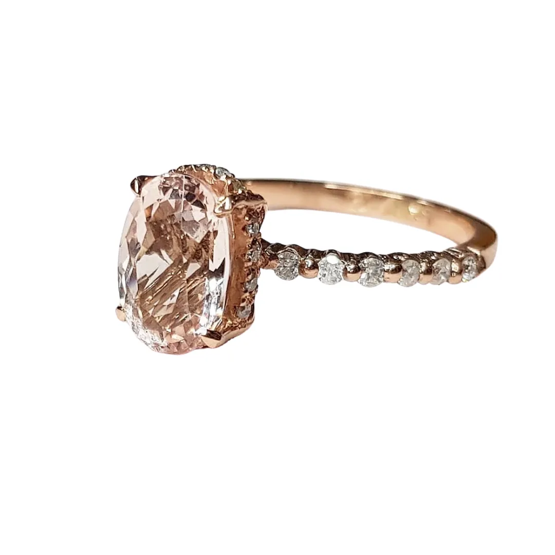 Salmon Oval Morganite Engagement Ring 14K Rosegold with Hidden Halo and Side Diamonds