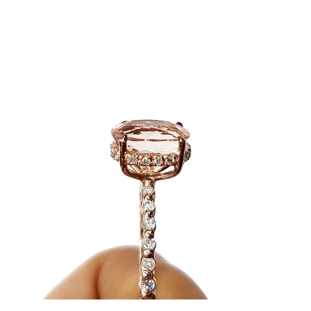 Salmon Oval Morganite Engagement Ring 14K Rosegold with Hidden Halo and Side Diamonds
