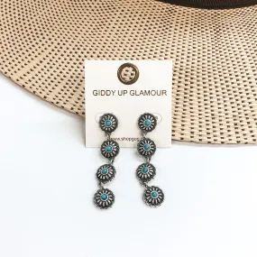 Small Western Flower Concho Drop Earrings with Turquoise Stones in Silver