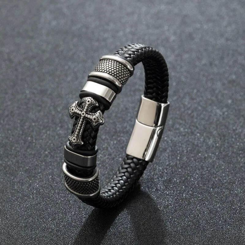 WWJD Fashion Classic Black Woven Leather Inlaid Cross Magnetic Bracelet