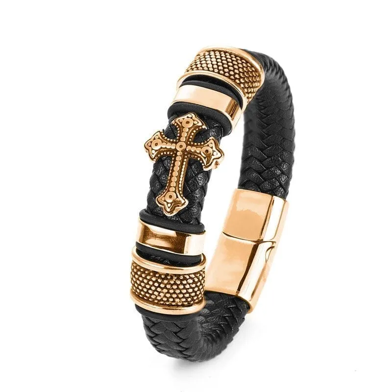 WWJD Fashion Classic Black Woven Leather Inlaid Cross Magnetic Bracelet